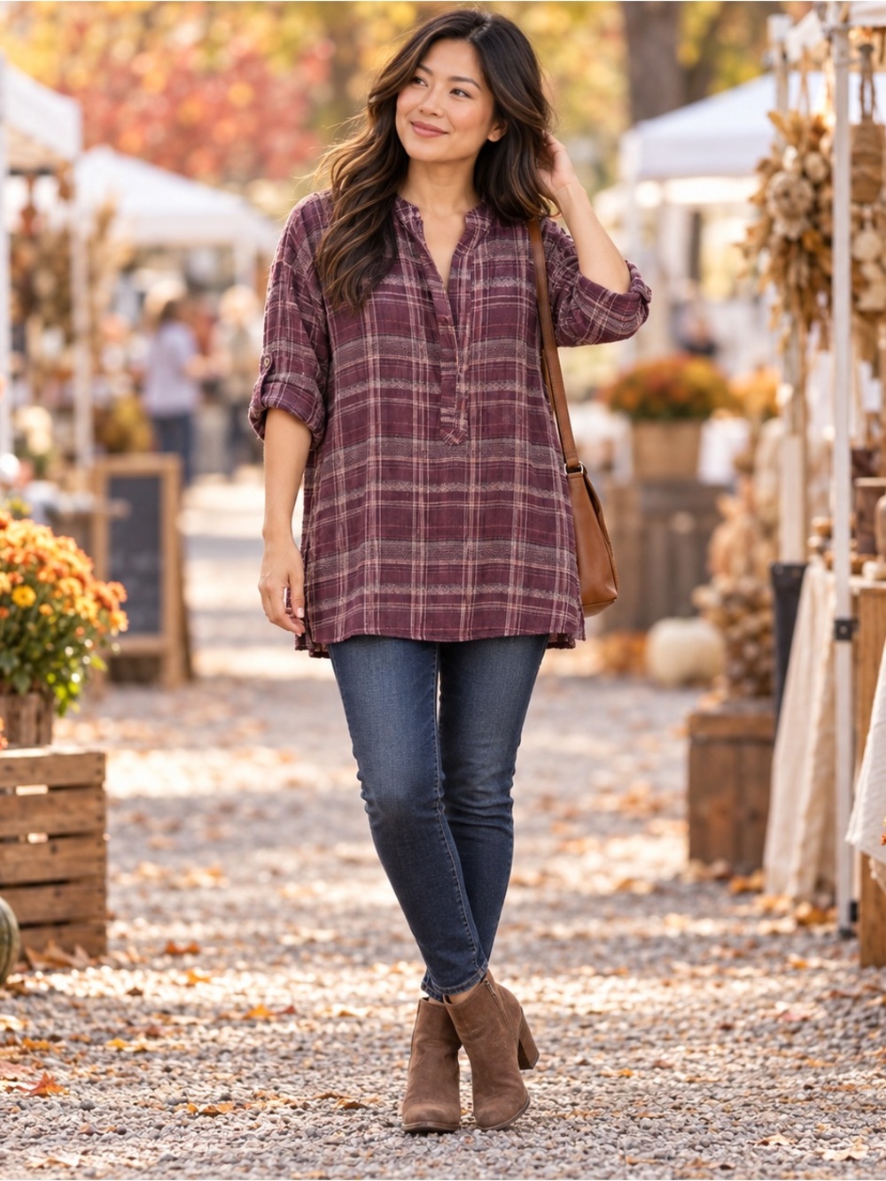 Knox Rose Burgundy Plaid Open Back Boho Tunic Blouse Medium 100% Cotton